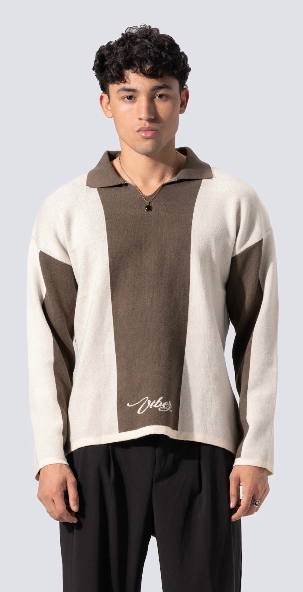Stripped knitted polo olive*beige
