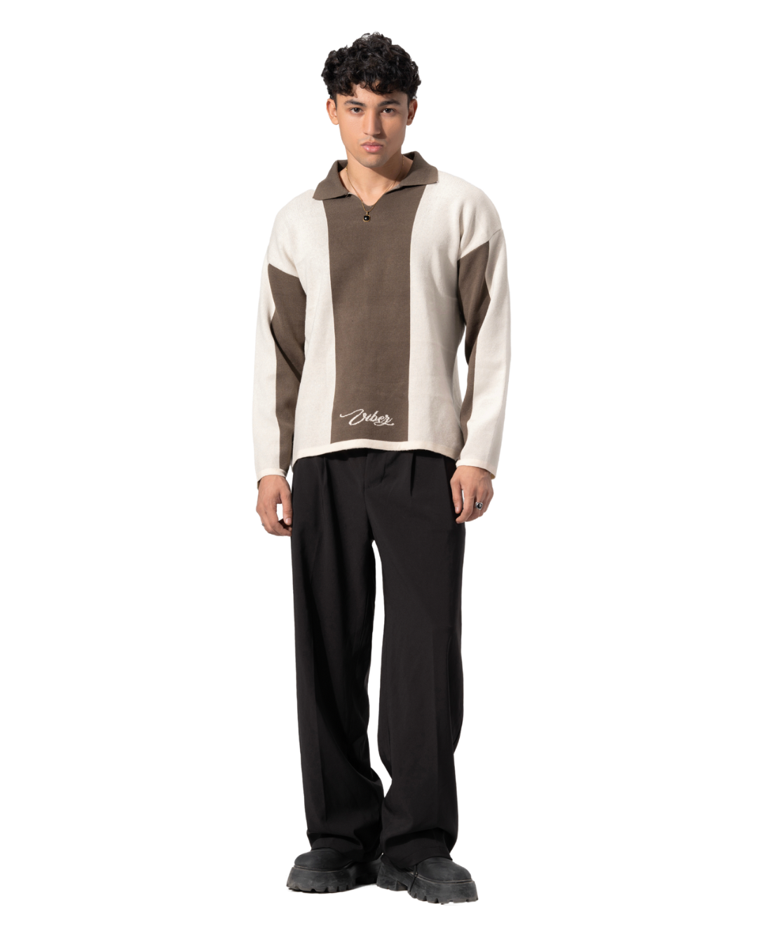 Stripped knitted polo olive*beige