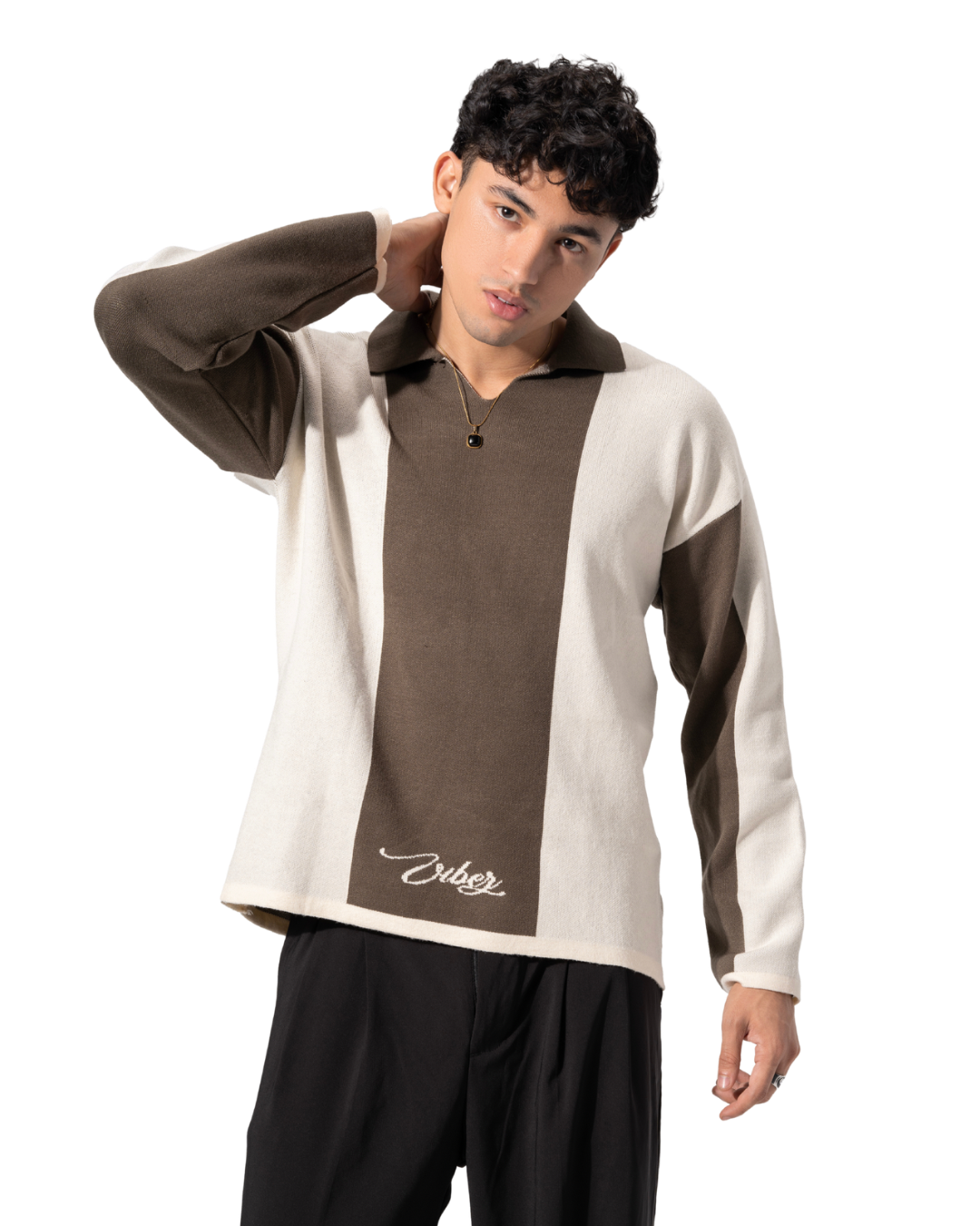 Stripped knitted polo olive*beige